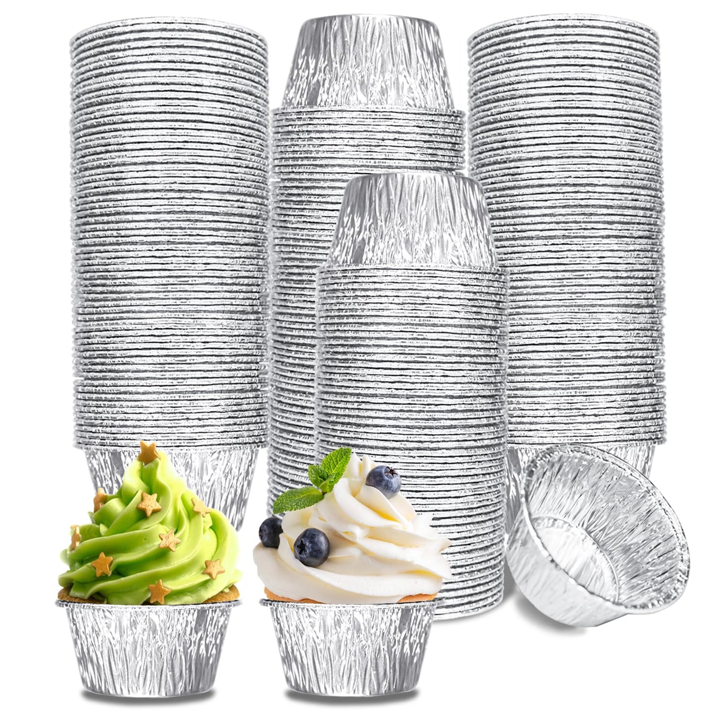 Aluminum Foil Baking Cups 150 Pcs, VIHOYOM 4 Oz Disposable Ramekin Aluminum Cupcake liners, Silver Foil Baking Cups Muffin Liners for Egg Tart, Baking, Cupcake, Pudding, Appetize