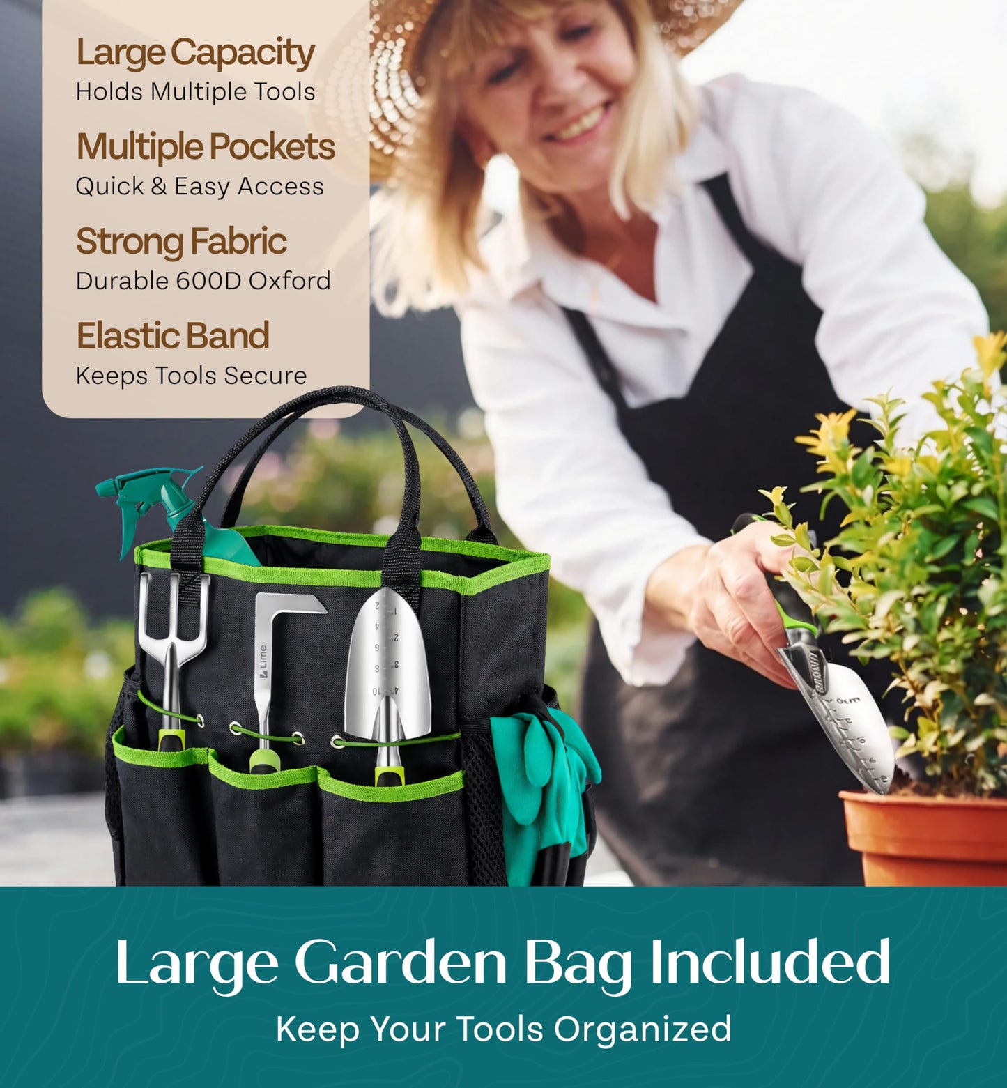 Heavy Duty Gardening Tools - Gardening Gifts for Women, Men, Mom, Dad - Durable, Ergonomic Garden Tools Set (Green with Potting Mat)