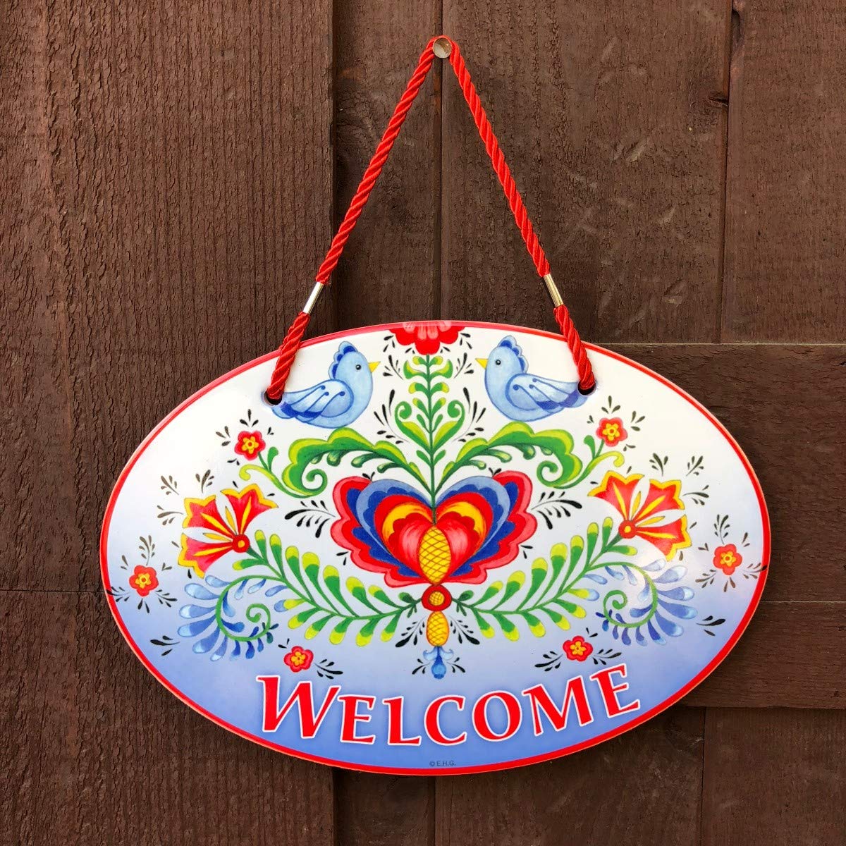 "Welcome Friends" with Attractive Lovebirds & Rosemaling Motif Welcome 11x8" Ceramic Door Sign by E.H.G.