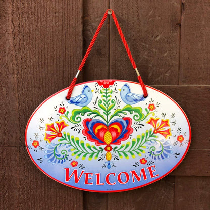 "Welcome Friends" with Attractive Lovebirds & Rosemaling Motif Welcome 11x8" Ceramic Door Sign by E.H.G.