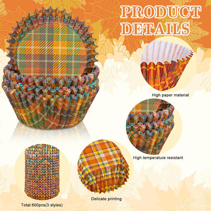 Whaline 600Pcs Fall Thanksgiving Cupcake Liners Plaid Baking Cups Autumn Muffin Cupcake Wrappers for Birthday Party Decor Supplies