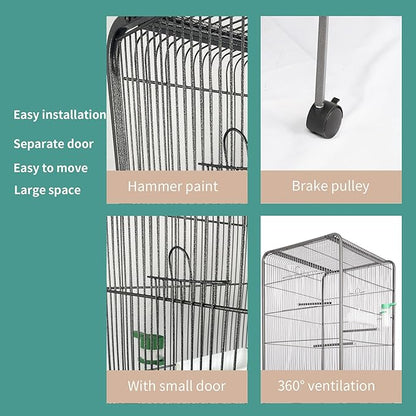 Steel Bird Cage with Rolling Stand, Plastic Feeder, PP Slide-Out Tray Large Flight Cage for Parrots, Parakeets, Cockatiels, Pigeons and Lovebirds Big Bird Cage Antique Gray As Shown