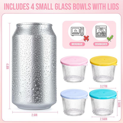 4 Sets Small Glass Bowls with Pastel Lids 6.8oz Ribbed Clear Glass Containers Stackable Dessert Custard Pudding Cups Condiment Bowls for Sauces Dips Nuts Oats Candy Dessert Cereal