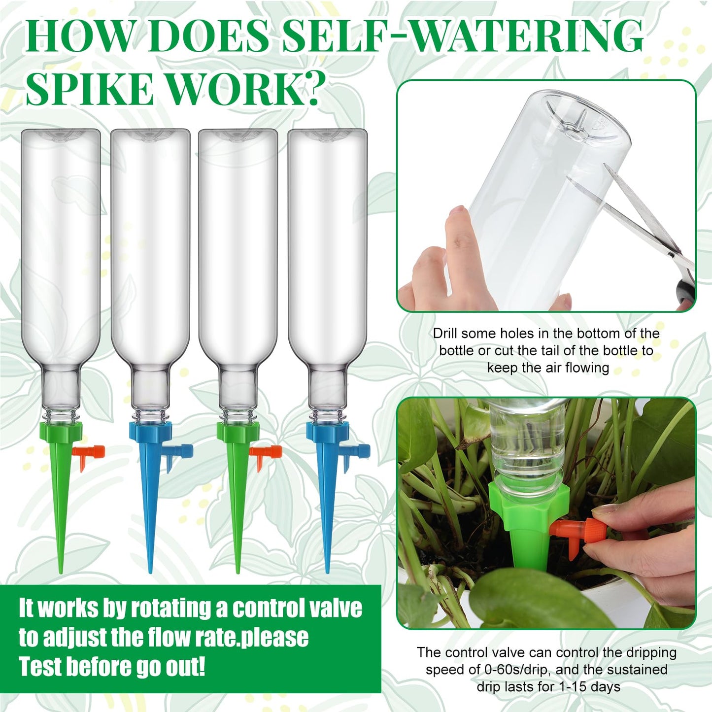 SiliFine 8 Set Plant Watering Devices with Self Watering Spikes and 26 oz Plastic Bottles Plant Waterer Devices with Adjustable Control Valve Switch Indoor Outdoor (Clear)