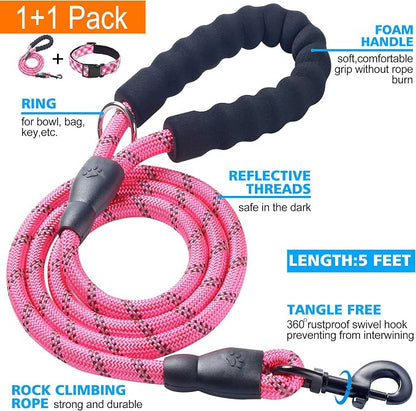 Ladoogo Reflective Dog Collar Padded with Soft Neoprene Breathable Adjustable Nylon Dog Collars for Small Medium Large Dogs (X-Small (Pack of 1), Pink Plaid Collar+Leash)