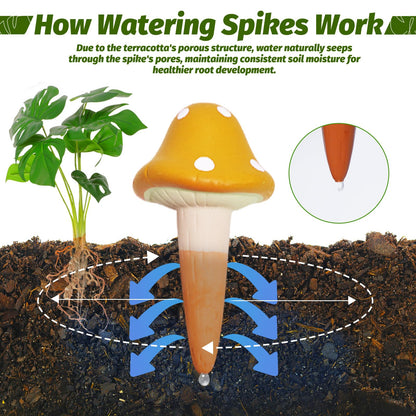 SUNGARDERY Terracotta Self Watering Spikes, 4 Pack Mushroom Self Watering Planter Insert, Vacation Plant Slow Release Watering Devices for Indoor Outdoor Plants, Colorful Large Water Globes