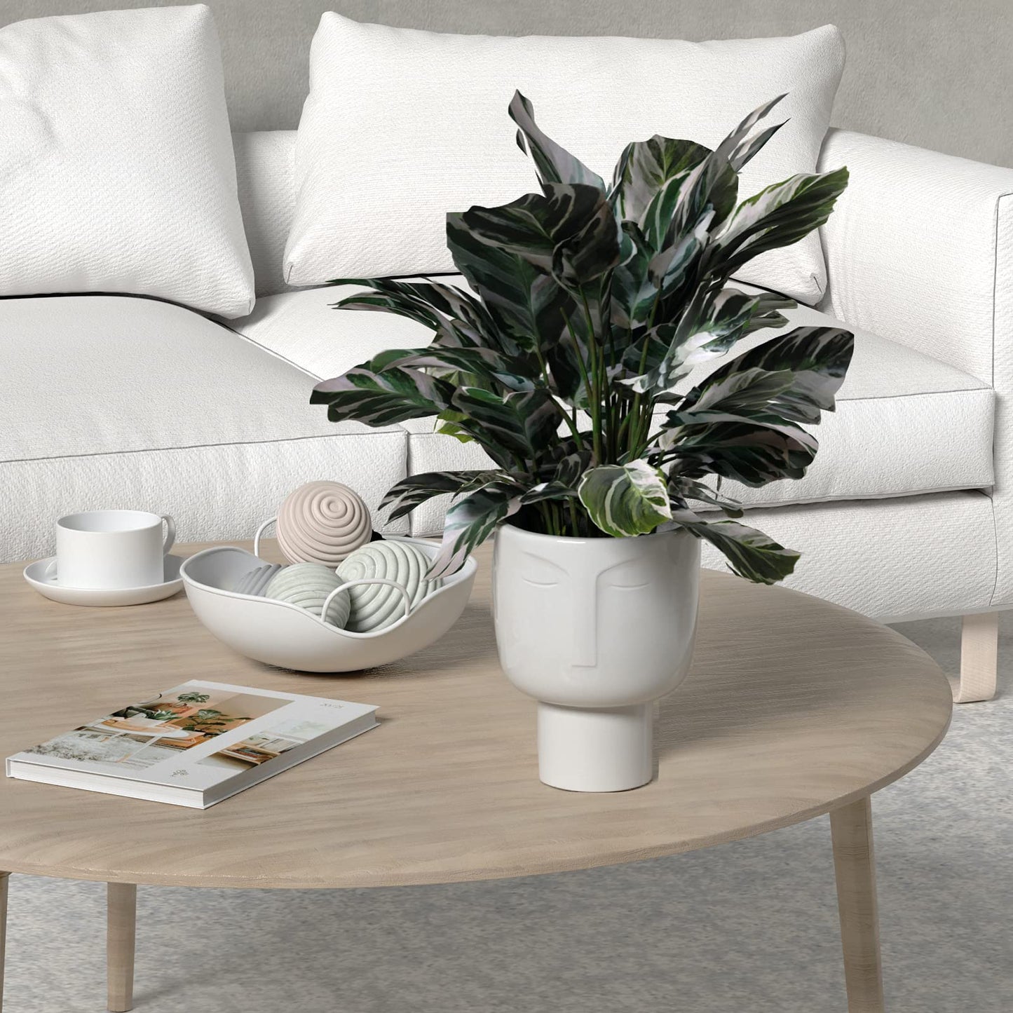 Planters for Indoor Plants - Tall 7 Inch Ceramic Self Watering Pots Matte White Plant Pot with Drainage & Inner Pot Face Vase Or Head Planter Unique Face Pots for Plants. Medium 5.5 Inch Wide