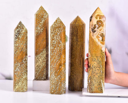 AMOYSTONE Large Yellow Ocean Jasper Stone Wand Healing Crystal Obelisk Tower 6 Faceted Column Reiki Chakra Meditation Therapy 3.5-4.0 LBS
