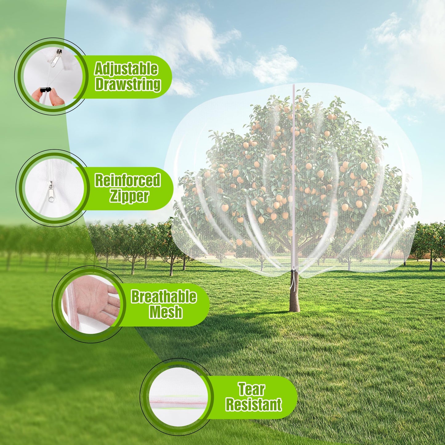 12.6 * 12FT Large Fruit Tree Netting, Tree Nets for Fruit Trees with Zipper and Drawstring, Insect Netting Barrier for Garden Blueberry Bushes Cherry Peach Apple Protection from Squirrels Birds Pests