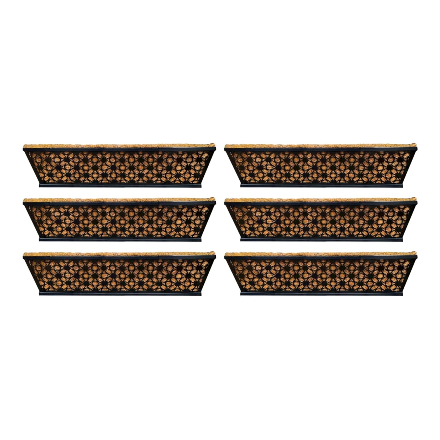 LaLaGreen Bundle - 6 Pack, 24 Inch Black Metal Rectangular Flower Pot Wall Planters with Coco Liner, Window Box Planter for Outdoor Plants, Modern Stylish Horse Trough Railing Balcony Patio Fence Deck
