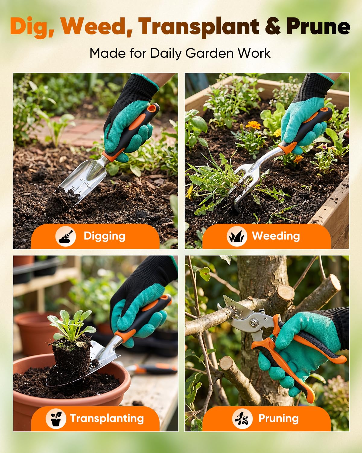 Garden Tool Set Gardening Tools - Heavy Duty Aluminum Tool Kit with Non-Slip Handle, Gardening Gloves and Tool Bag for Weeding, Planting and Pruning, Gifts for Women Mom (Orange Set)