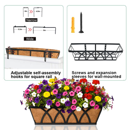 Flat Railing Planter Window Box Wall Hanging Planters (2 Pack, 30 Inch) Balcony Fence Planter with Coco Liner, Horse Trough Planter Metal Window Planter Box for Outdoor Plant Holder Rail Deck