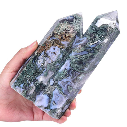 VIZYTOU Large Heaing Crystal Stone Tower Two Pointed Wand Column Moss Agate Obelisk Meditation Stone 1.7-2.2 Pound