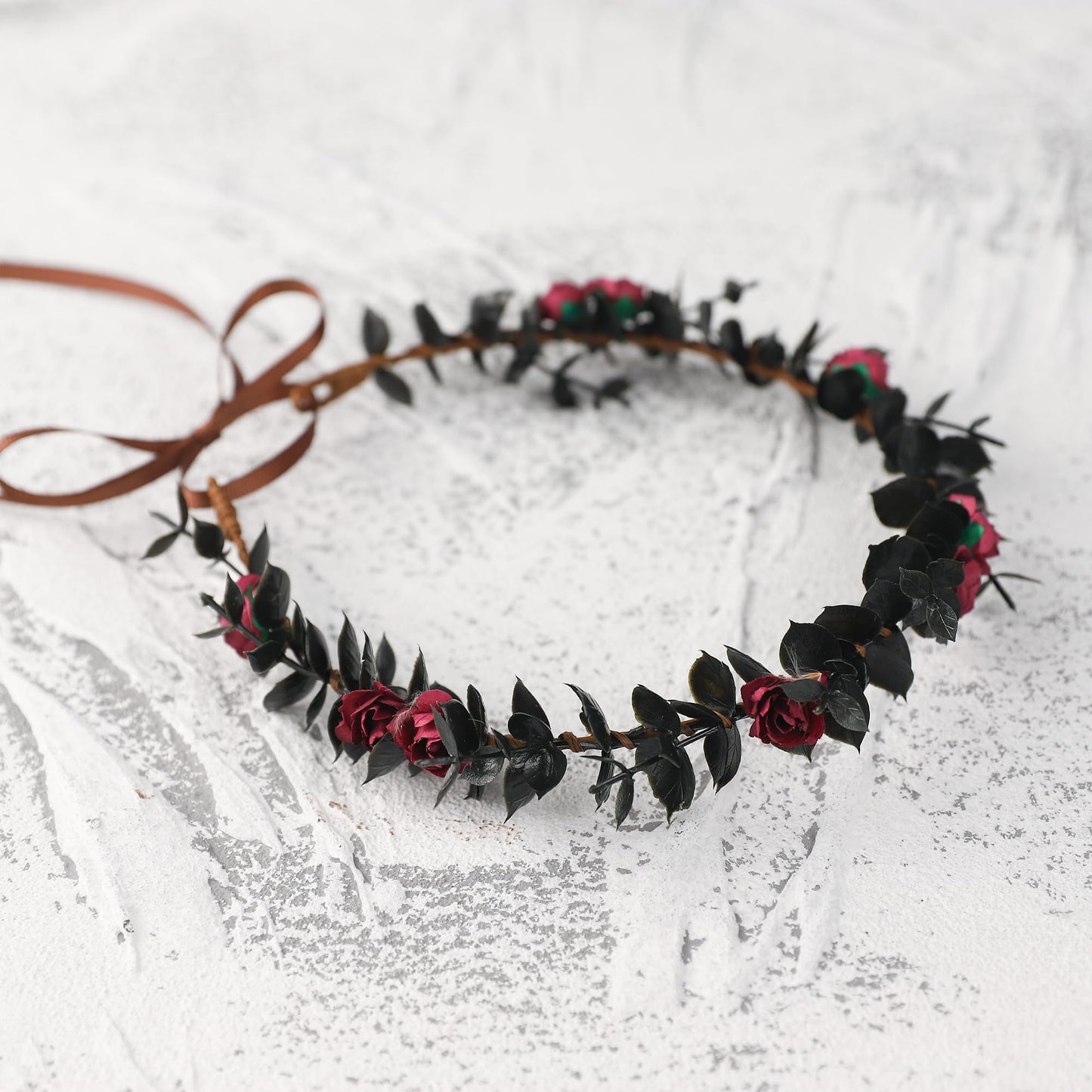 KorViSHOW Flower Crowns for Women Girls - Black Handmade Renaissance Wreath Garland Bridal Wedding Cosplay DIY Halloween Maternity Shoot Vacation Photography Props Shower Deep Red Rose