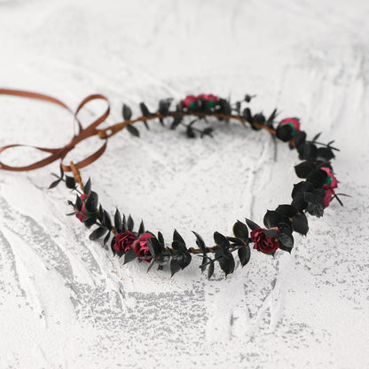 KorViSHOW Flower Crowns for Women Girls - Black Handmade Renaissance Wreath Garland Bridal Wedding Cosplay DIY Halloween Maternity Shoot Vacation Photography Props Shower Deep Red Rose