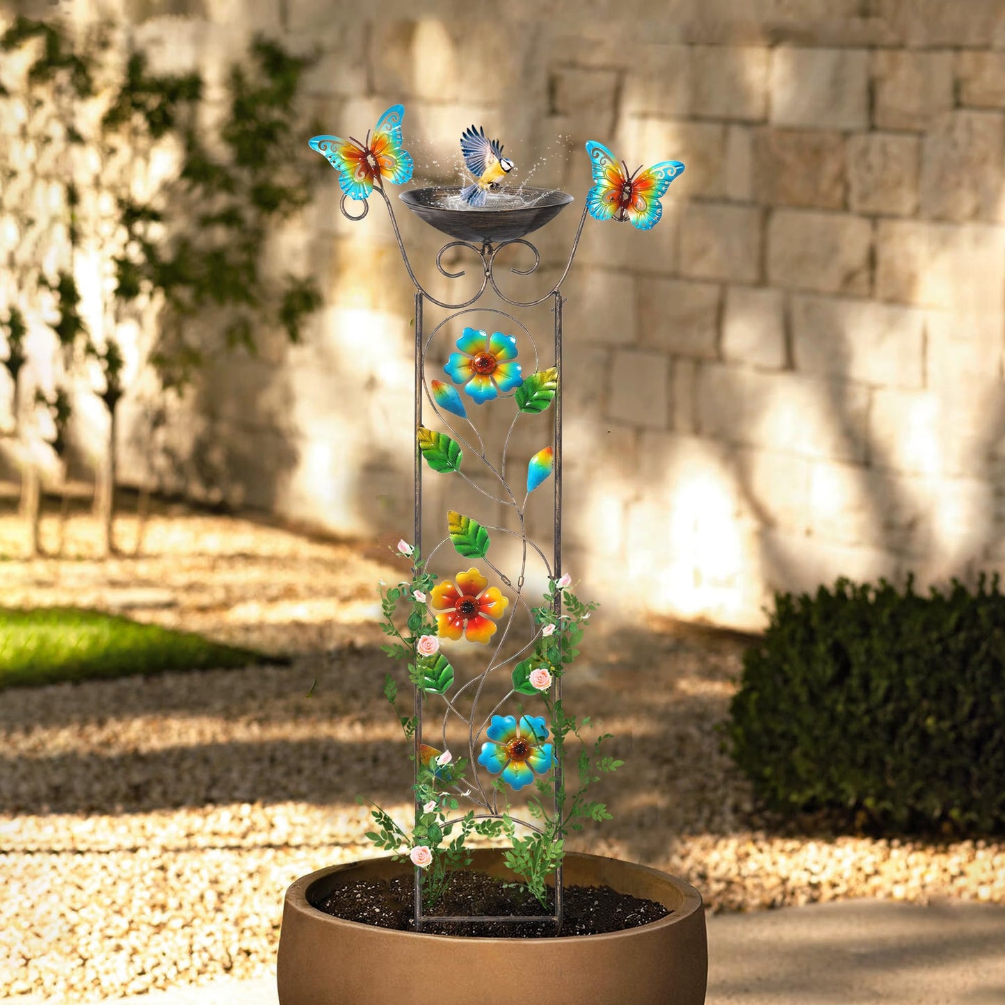SUNNYPARK Bird Bath with Trellis Outdoor, Antique Garden Iron Plant Trellis with Decorative Floral-Butterflies Detachable Bird Bath Bowl Metal Potted Plants Support for Climbing Flowers