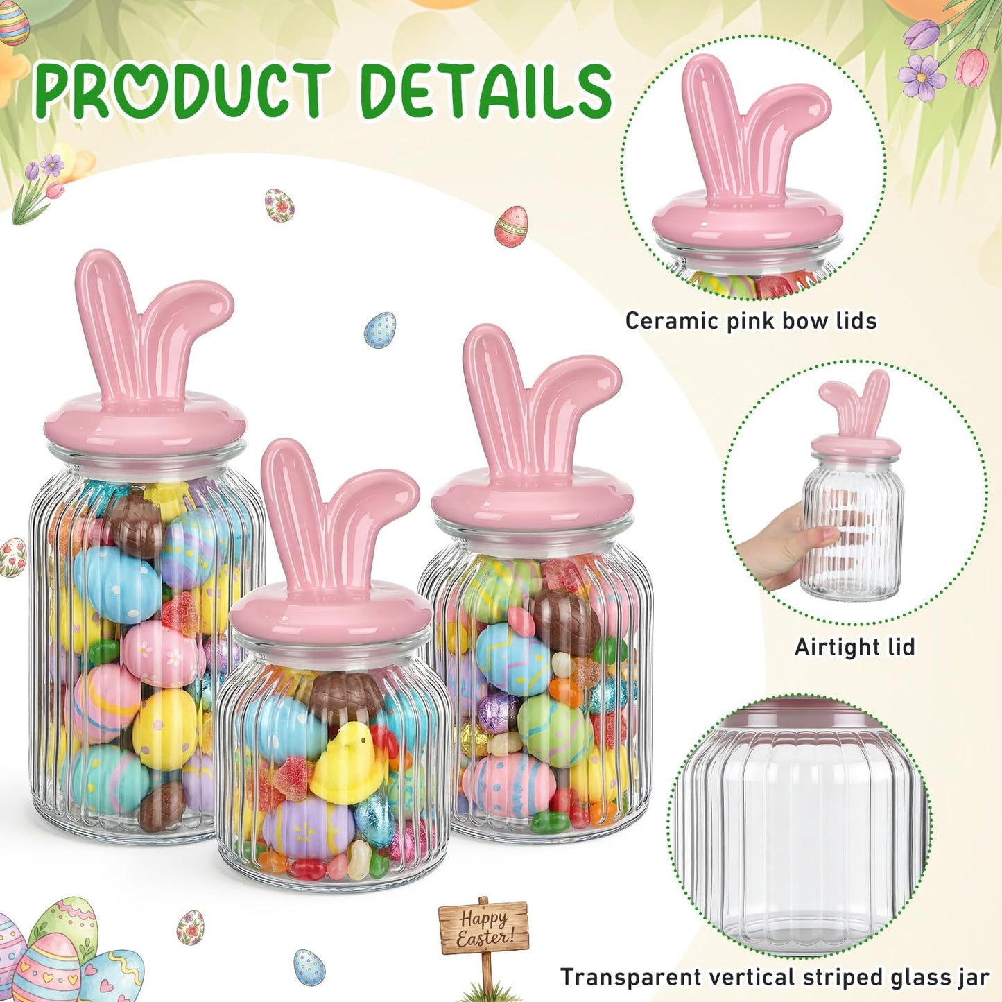 Potchen Easter Glass Jars with Airtight Lids Set of 3, 22oz, 34oz & 44oz Large Cookie Jar Set, Clear Candy Storage Canisters for Easter Party Gift Table & Countertop Decoration