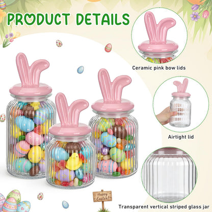 Potchen Easter Glass Jars with Airtight Lids Set of 3, 22oz, 34oz & 44oz Large Cookie Jar Set, Clear Candy Storage Canisters for Easter Party Gift Table & Countertop Decoration