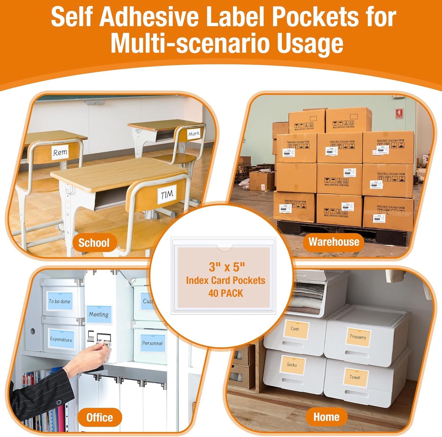 40 PCS Index Card Pockets, Self Adhesive Card Pockets 3"X5" with Top Open, Clear Label Pockets for Storage Bins, Plastic Labels Holders for Organizing, Loading, Drawer,Library Card, Totes (3"X5")