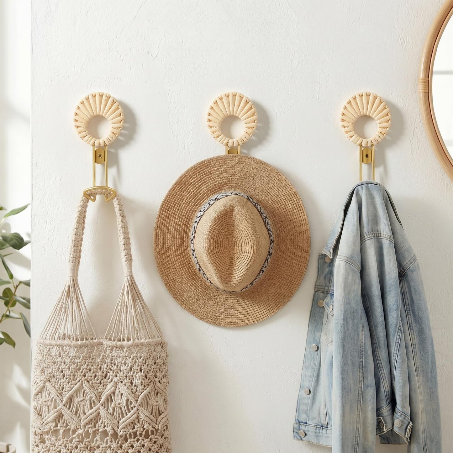Novabright 3 Pcs Decorative Boho Wall Hooks Woven Rattan Metal Hanging Holder Gold Farmhouse Coat Rack Hooks with Screws for Hanging Coats, Keys, Towels, Bags, Coat Rack for Home Decor Entryway