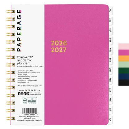 PAPERAGE Academic Planner, Weekly & Monthly Planner & Calendar, 12-Months, July 2026 - June 2027, (7" x 8"), School & Student Planning Agenda with Tabs, Bonus Pages & Inner Pocket, Raspberry