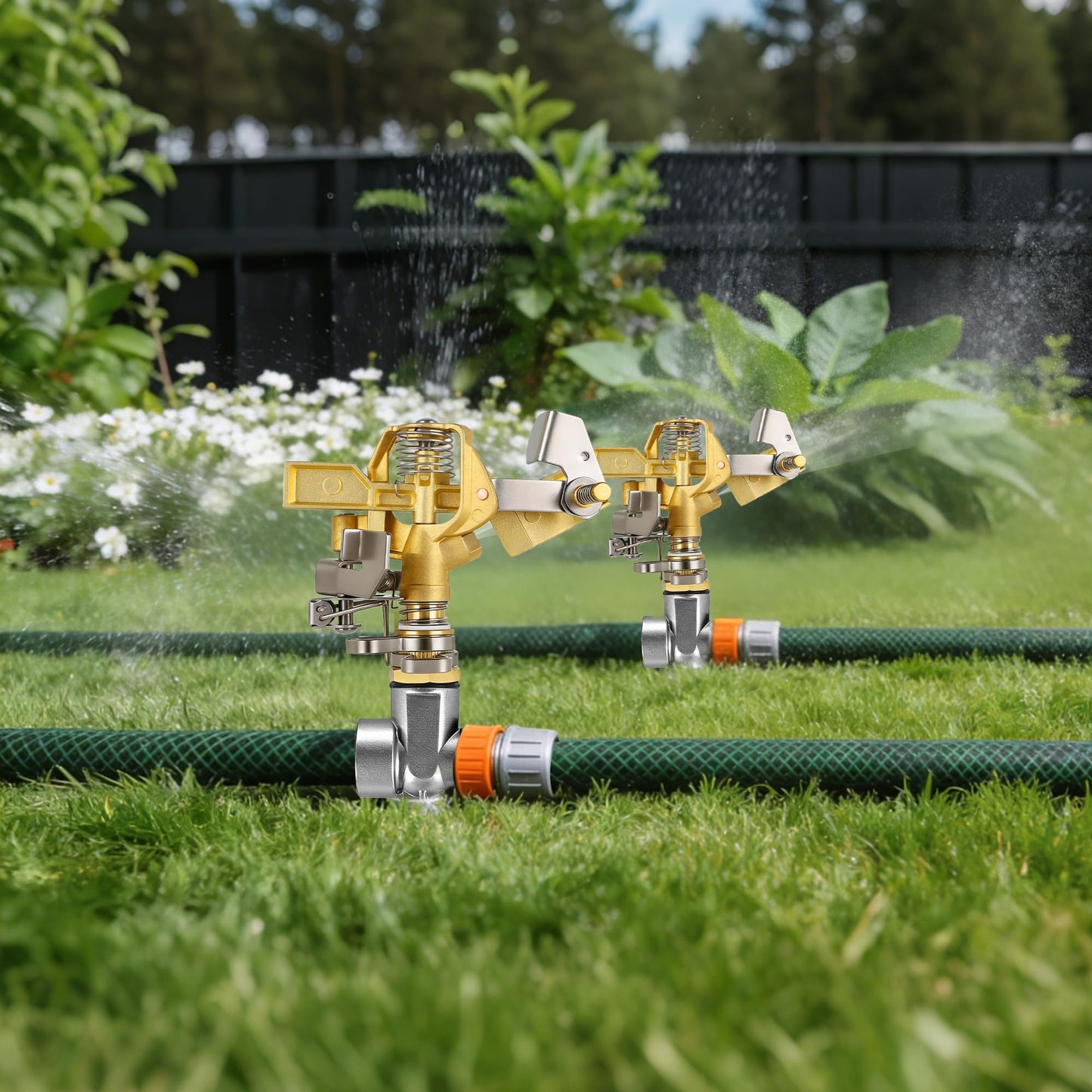 Triumpeek 2 Packs Impact Sprinkler on Spike Base, Heavy Duty Brass Water Sprinkler Head with Aluminum Alloy Stand, Adjustable 360 Degree Large Area Irrigation Sprinkler for Yard Lawn Patio Garden