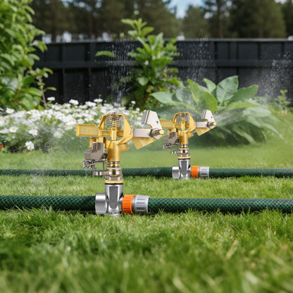 Triumpeek 2 Packs Impact Sprinkler on Spike Base, Heavy Duty Brass Water Sprinkler Head with Aluminum Alloy Stand, Adjustable 360 Degree Large Area Irrigation Sprinkler for Yard Lawn Patio Garden