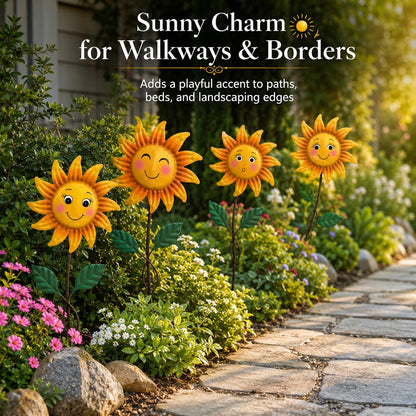 WKHOMEDECO 4 Pack Smiley Sunflower Decorative Garden Stakes, 20.5 Inch Metal Flower Garden Stakes for Outside, Yard Art Outdoor Decor for Lawn Planter Porch Patio