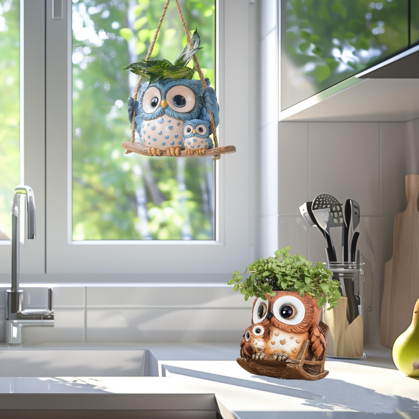 Saysmile Unique Owl Plant Pots Indoor, Cute Small Succulent Pots with Drainage Hole, Rocking Chair Planters for Outdoor Indoor Plants, Resin Flower Pot for String of Pearls, Gift Ideas for Mother