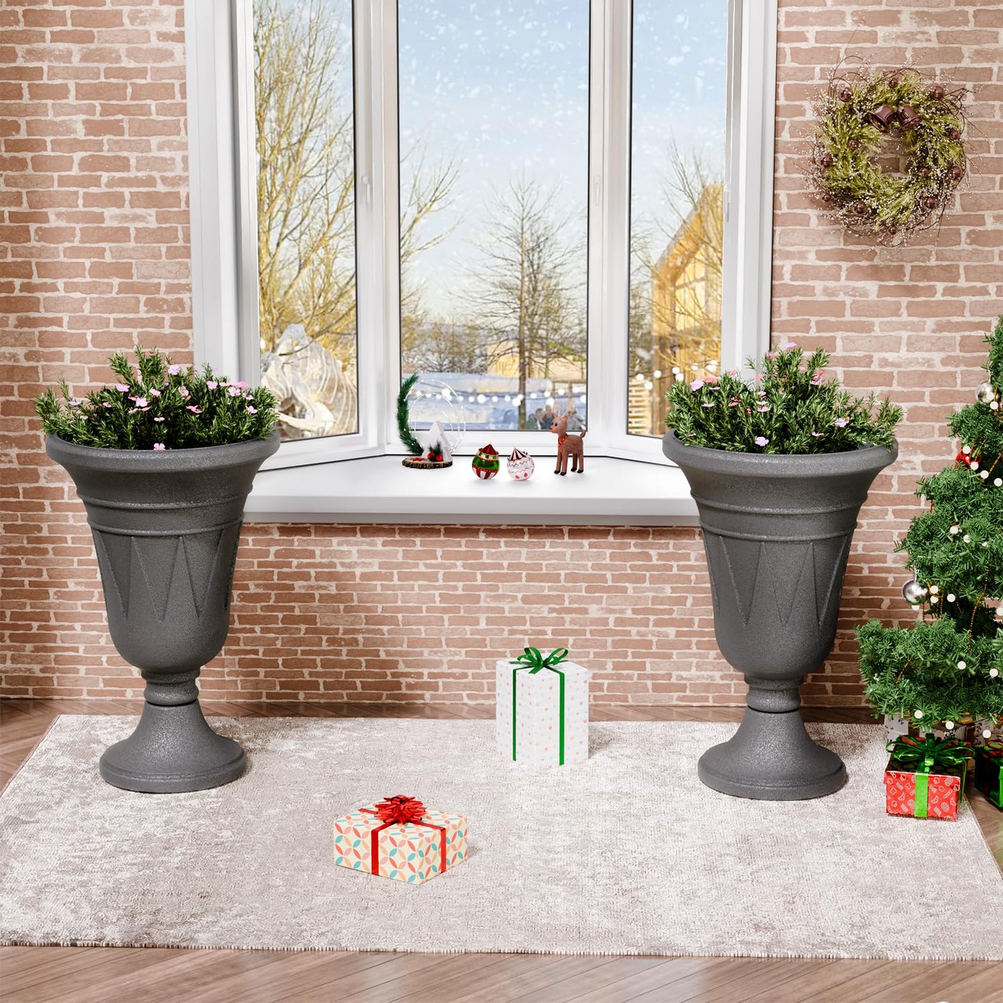 Trygoal 23.6" Tall Plastic Urn Planters for Outdoor Plants, Set of 2 Heavy-Duty Classic Indoor Large Flower Pots with Drainage Holes & Trophy Design, Outdoor Planters for Porch, Home Garden, Dark Grey