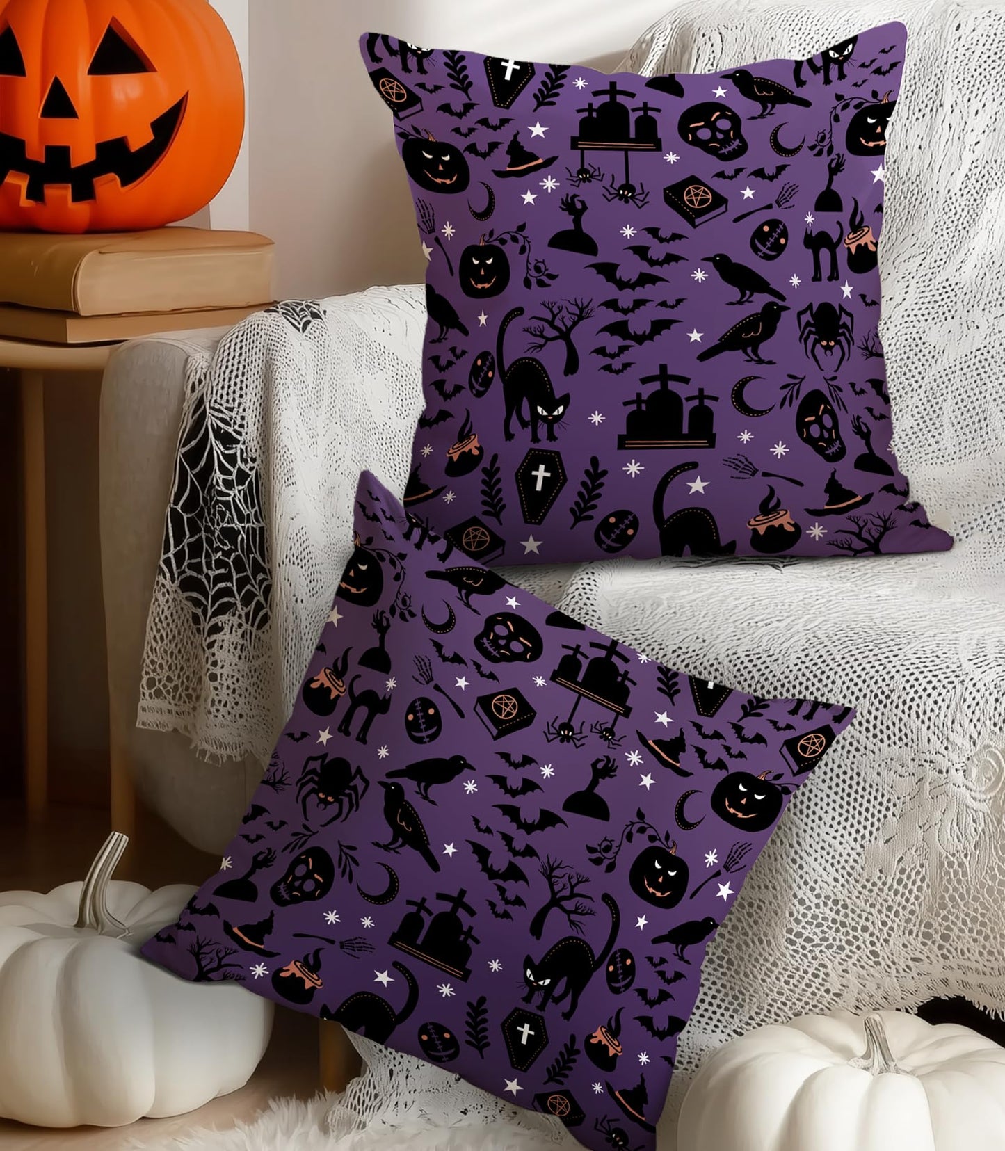 Puresora Halloween Pillow Covers 18x18 Set of 2 Throw Pillow Cases Soft Cushion Case Pillowcase for Chair Sofa Bedroom Living Room Home Decor, Purple