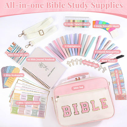 Flasoo All-in-One Bible Journaling Kit, Bible Study Supplies Include Bible Cover Case, Journal Notebook, Highlighters, Pens, Bible Verse Stickers, Tabs, Bookmarks for Christian Gift for Women