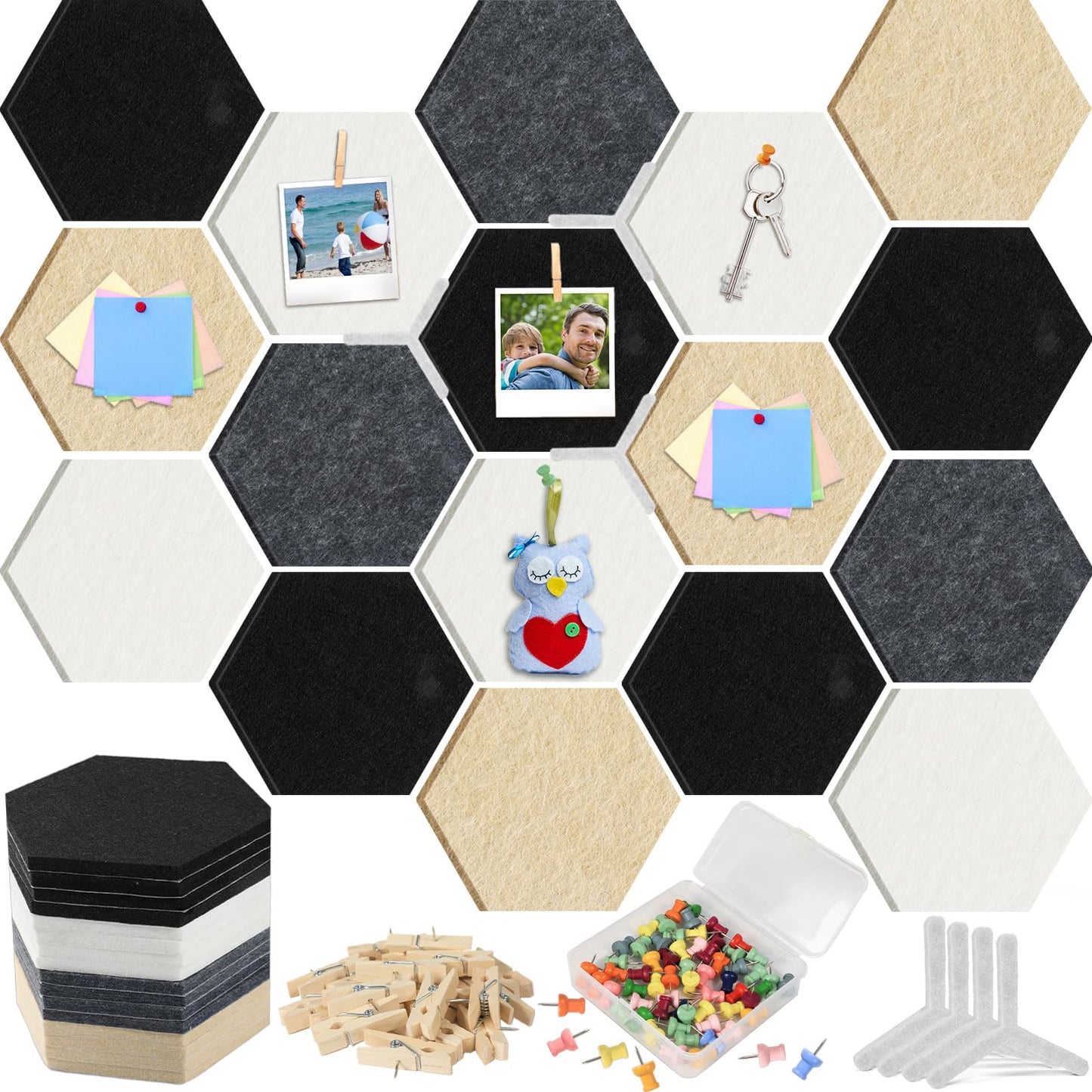 16Pcs Hexagon Felt Cork Board Tiles Self Adhesive Hexagon Wall Tiles with 60 Push Pins 20 Wooden Clips DIY Bulletin Board Pin Boards for School Office Home Photos Memos Display (Black Grey)