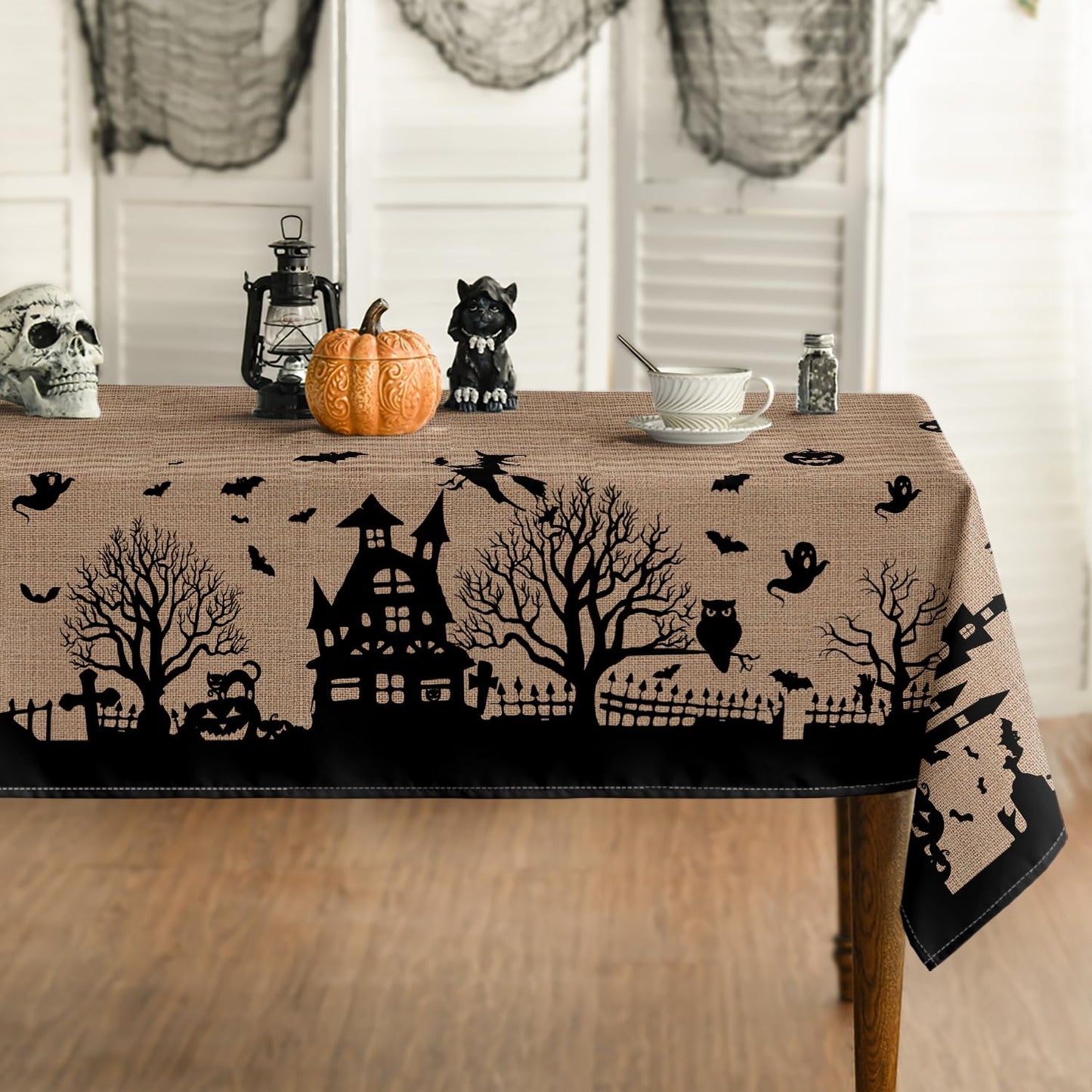 Horaldaily Halloween Tablecloth 60×84 Inch Rectangular, Castle Tree Scary Themed Beige Washable Table Cover for Party Picnic Dinner Decor