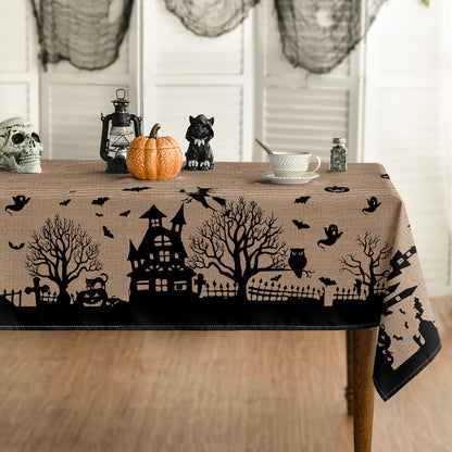 Horaldaily Halloween Tablecloth 60×84 Inch Rectangular, Castle Tree Scary Themed Beige Washable Table Cover for Party Picnic Dinner Decor