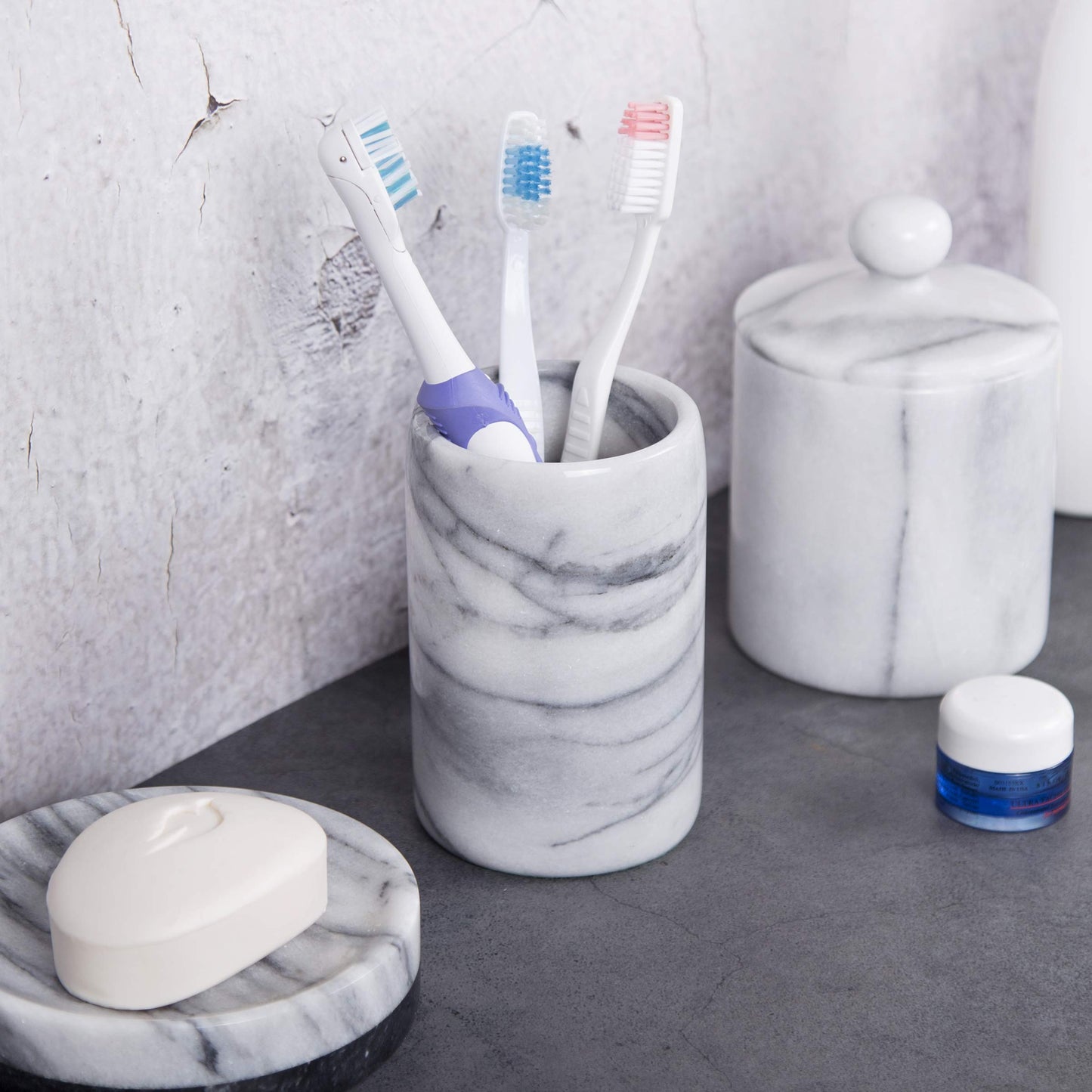 Luxury Hand-Carved Natural Marble Toothbrush & Makeup Brush Holder – Heavy-Duty Taiwan Yushan Stone for Bathroom, Vanity, Office & Desk Organizer (3.3” x 4.5”, Off-White)