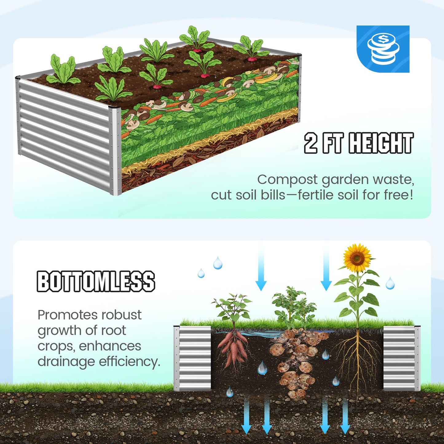 Quictent Galvanized Raised Garden Bed 8x4x2 Ft Tall Metal Planter Box for Vegetables Outdoor Bottomless for Backyard, 2 Tomato Cages Included, 22.04" Deep (Silver)
