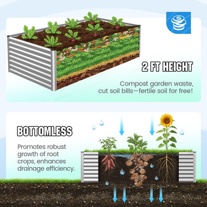Quictent Galvanized Raised Garden Bed 8x4x2 Ft Tall Metal Planter Box for Vegetables Outdoor Bottomless for Backyard, 2 Tomato Cages Included, 22.04" Deep (Silver)