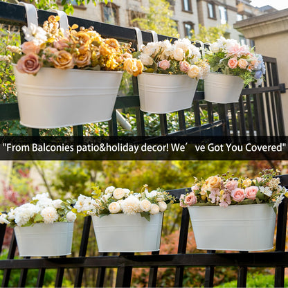 pansparade 3 Pack Metal Hanging Flower Pots for Railing Fence，Outdoor Balcony Rail Planter with Detachable Hooks Drainage Holes for Deck Garden Home Decor White