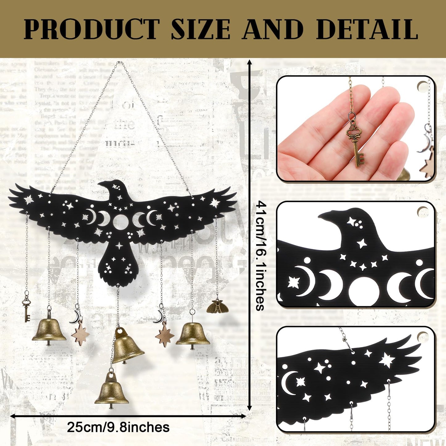Sliner Raven Witch Bells Wall Hanging Witchy Moon Phase Decor Celestial Gothic Pagan Christmas Halloween Yule Savannah Winter Solstice Spiritual Protection Decor for Home Altar House Warming Gift