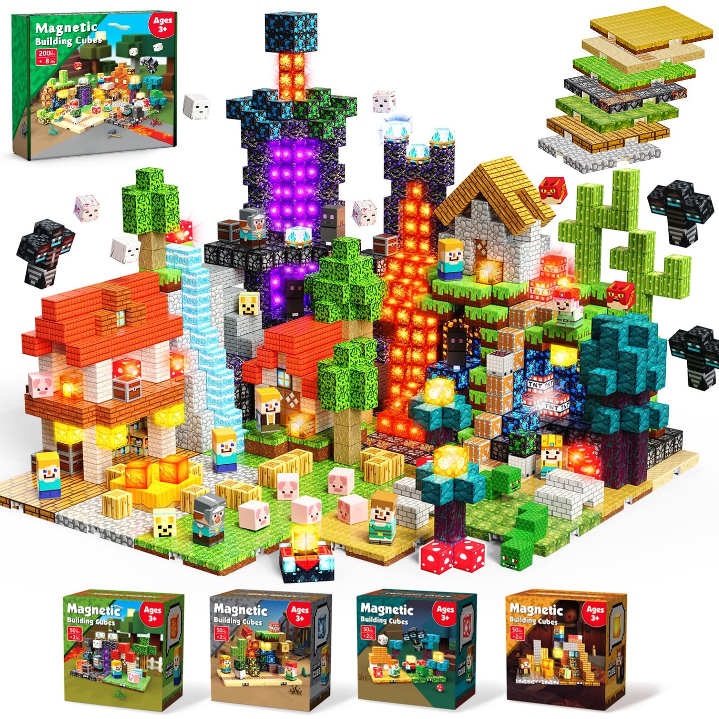 ToyUnited 4-in-1 Magnetic Blocks with 24 Light Up Blocks, 200PCS Magnetic Building Blocks with 8 Base Plates, Screen-Free Magnetic Building Cubes Toy, Christmas Birthday Gifts for Boys Girls Age 3+