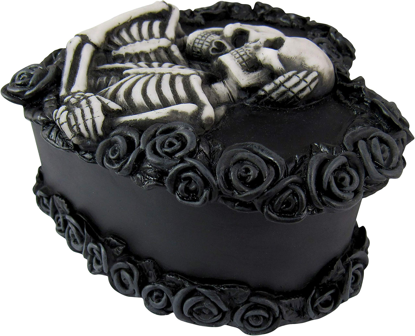 DWK - To Have & To Hold - Beautiful Gothic Skeleton Lovers Embracing on Black Rose Wreath Keepsake Jewelry Trinket Stash Box with Red Interior Romantic Goth Valentine's Day Home Decor Accent, 5-inch