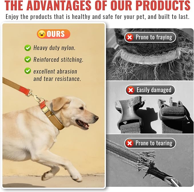 Nylon Dog Leash and Collar Set with Metal Quick Release Buckle, Adjustable, Durable High-Density Fabric, Breathable, Soft and Comfortable, No Pull for Walking and Training, Khaki, XL (16.9"-26")