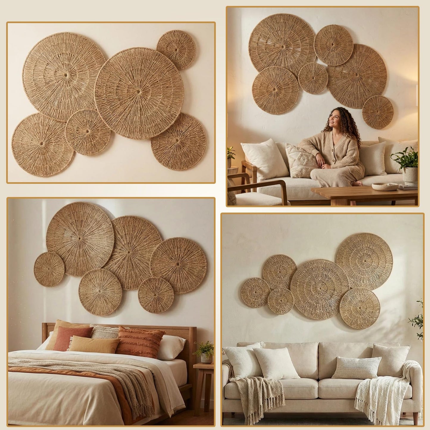 Acidea Jute Wall Decor Baskets, Set of 6 Extra Large Woven Rattan Wall Plates, Boho Decorative Wicker Hanging Baskets for Wall Arts, 22", 21", 15", 13", 11", 10", for Bedroom, Living Room, Entryway
