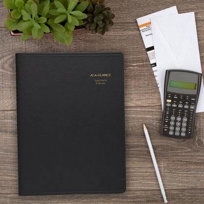 AT-A-Glance Teacher Planner, 8-1/4" x 10-7/8", Undated Weekly & Daily Planner, Academic Lesson Plan Book for Family Homeschool Supplies, Agenda with Twin-Wire Binding, Black Leather (8015505)