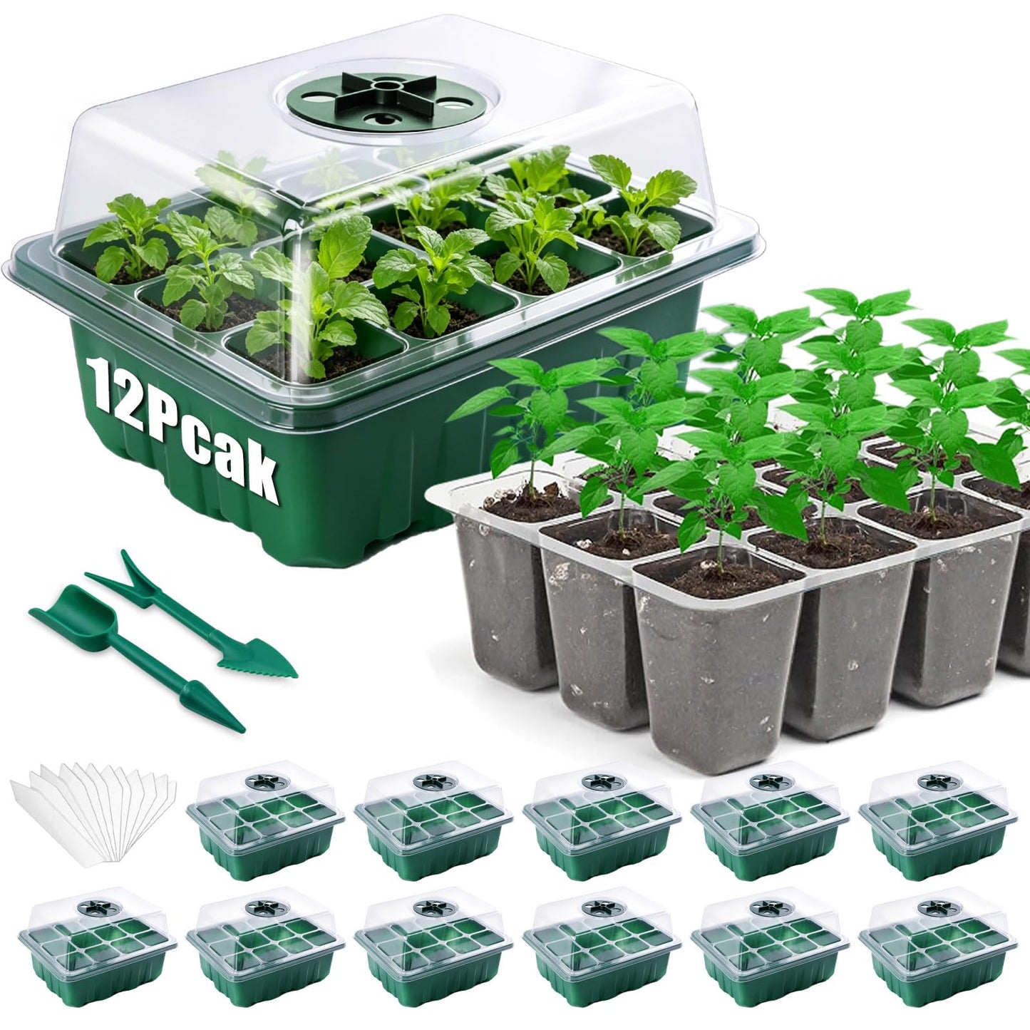 Yalumo Seed Starter Tray Kit, 12 Pack 144 Cells with Humidity Dome, Reusable Seedling Trays with Drainage Holes, Plant Germination Kit with Labels & Tools for Mini Greenhouse Propagator Indoor Garden
