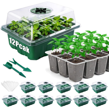 Yalumo Seed Starter Tray Kit, 12 Pack 144 Cells with Humidity Dome, Reusable Seedling Trays with Drainage Holes, Plant Germination Kit with Labels & Tools for Mini Greenhouse Propagator Indoor Garden