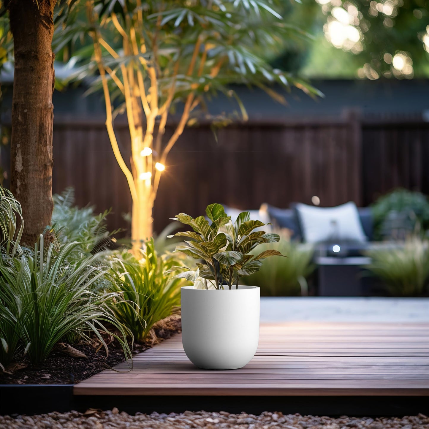 Kante 11.0" Round Concrete Planter, Large Cylinder Plant Pot with Curved Bottom and Drainage Hole, for Indoor and Outdoor Use – Garden or Patio, White Finish with Painted Interior