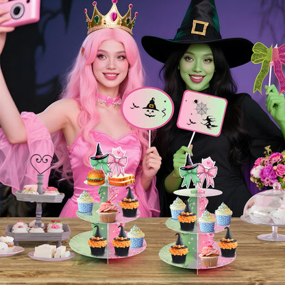 2 Pack Pink and Green Cupcake Stands Witch Themed Birthday Party Supplies,3 Tier Halloween Cardboard Cupcake Holder Tower for Wicked Party,Birthday, Baby Shower