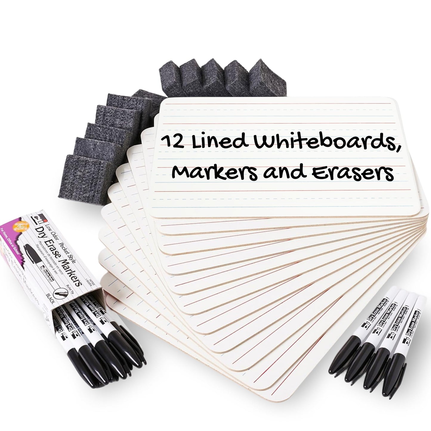 Charles Leonard Dry Erase Board Classroom Pack - Mini Lapboard School Supplies - Includes 12 Each One-Sided Lined Erasable White Boards, 2 Inch Felt Erasers and Black Dry Erase Markers (35025)